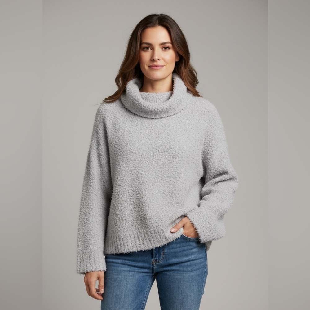 Miracle Gray Cowl Neck Long Sleeve Cuffed Cozy Knit Sweater. - Picture 5 of 5